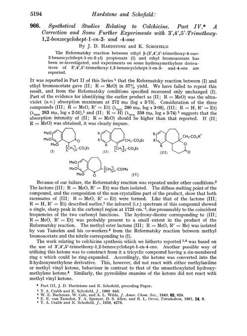 966. Synthetical studies relating to colchicine. Part IV. A correction and some further experiments with 3′,4′,5′-trimethoxy-1,2-benzocyclohept-1-en-3- and -4-one