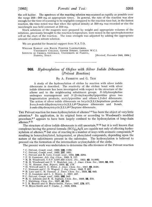 968. Hydroxylation of olefins with silver iodide dibenzoate (Prévost reaction)