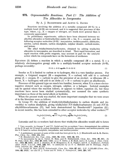 975. Organometallic reactions. Part I. The addition of tin alkoxides to isocyanates