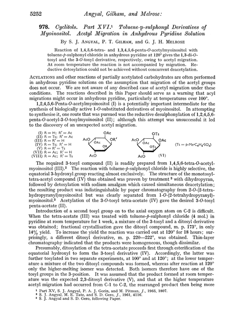 978. Cyclitols. Part XVI. Toluene-p-sulphonyl derivatives of myoinositol. Acetyl migration in anhydrous pyridine solution