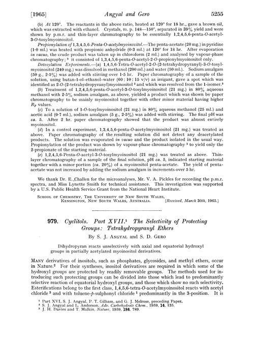 979. Cyclitols. Part XVII. The selectivity of protecting groups: tetrahydropyranyl ethers