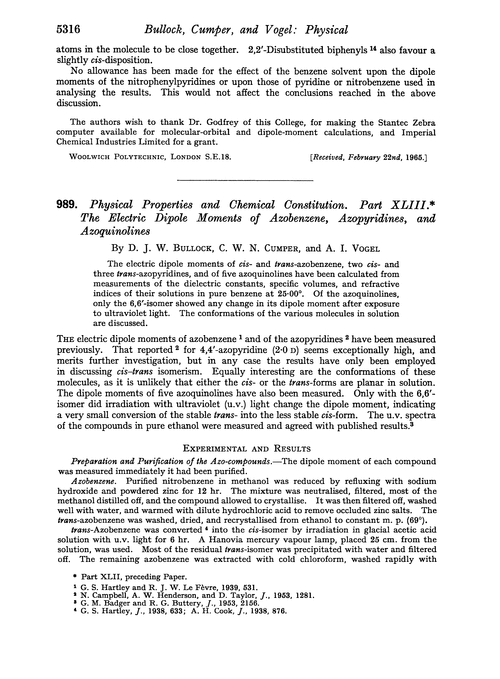 989. Physical properties and chemical constitution. Part XLIII. The electric dipole moments of azobenzene, azopyridines, and azoquinolines
