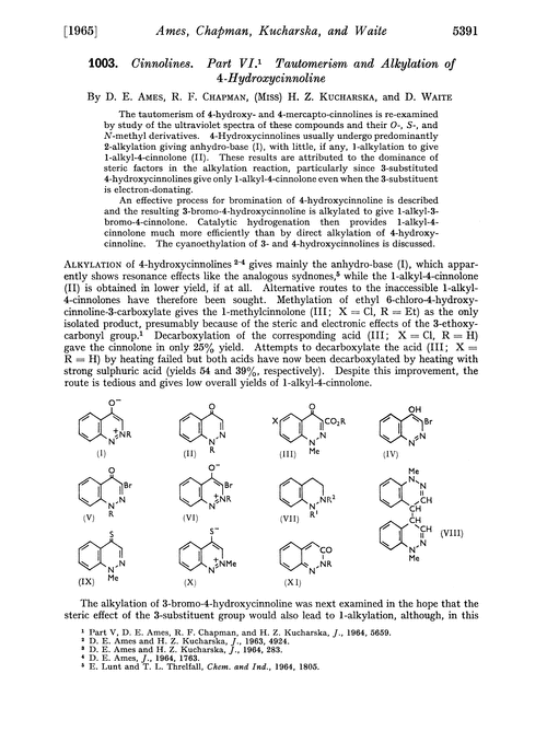 1003. Cinnolines. Part VI. Tautomerism and alkylation of 4-hydroxycinnoline