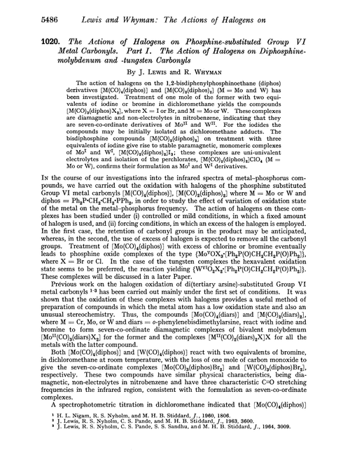 1020. The actions of halogens on phosphine-substituted Group VI metal carbonyls. Part I. The action of halogens on diphosphine-molybdenum and -tungsten carbonyls