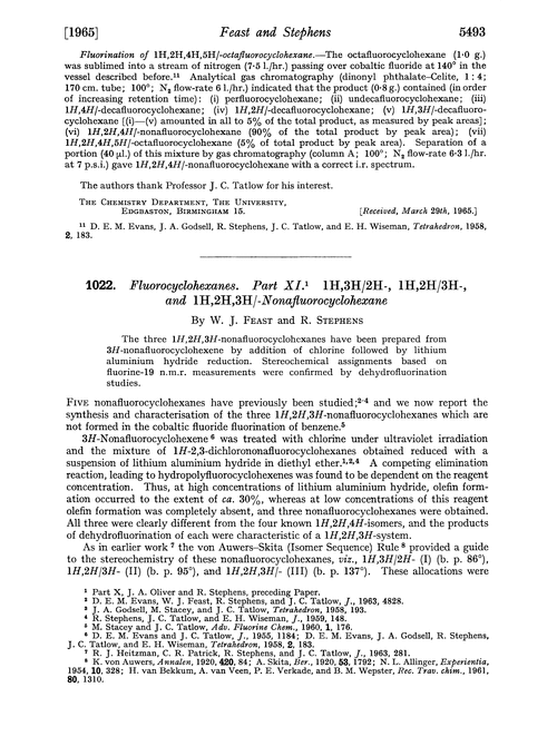 1022. Fluorocyclohexanes. Part XI. 1H,3H/2H-, 1H,2H/3H-, and 1H,2H,3H/-nonafluorocyclohexane