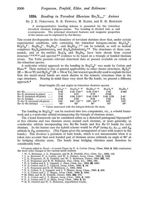 1024. Bonding in tervalent rhenium Re3X9+– anions