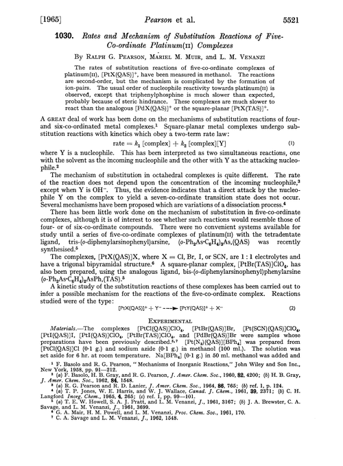 1030. Rates and mechanism of substitution reactions of five-co-ordinate platinum(II) complexes