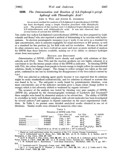 1039. The determination and reaction of 2,2-diphenyl-1-picrylhydrazyl with thiosalicylic acid