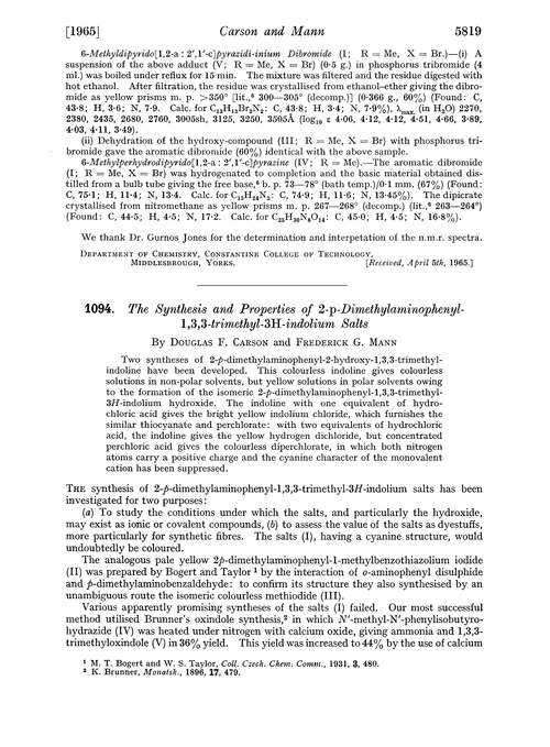 1094. The synthesis and properties of 2-p-dimethylaminophenyl-1,3,3-trimethyl-3H-indolium salts