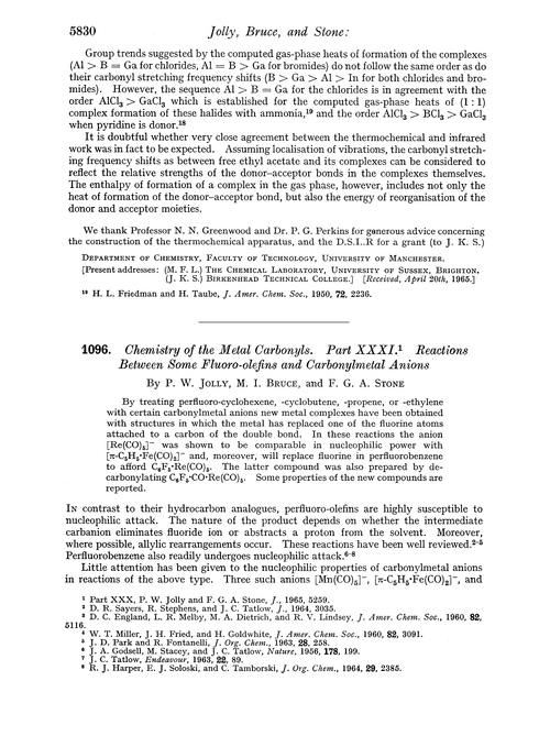 1096. Chemistry of the metal carbonyls. Part XXXI. Reactions between some fluoro-olefins and carbonylmetal anions