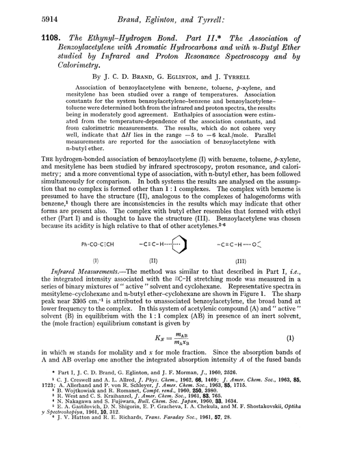1108. The ethynyl–hydrogen bond. Part II. The association of benzoylacetylene with aromatic hydrocarbons and with n-butyl ether studied by infrared and proton resonance spectroscopy and by calorimetry