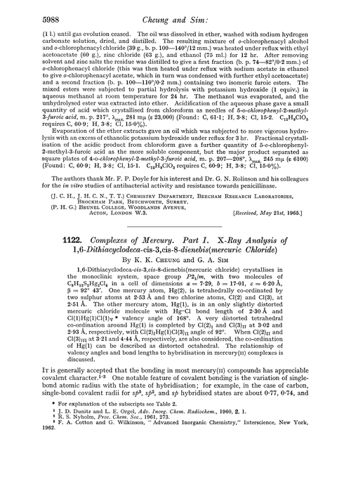 1122. Complexes of mercury. Part I. X-ray analysis of 1,6-dithiacyclodeca-cis-3, cis-8-dienebis(mercuric chloride)