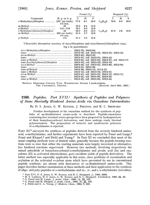 1160. Peptides. Part XVII. Synthesis of peptides and polymers of some sterically hindered amino-acids via oxazolone intermediates