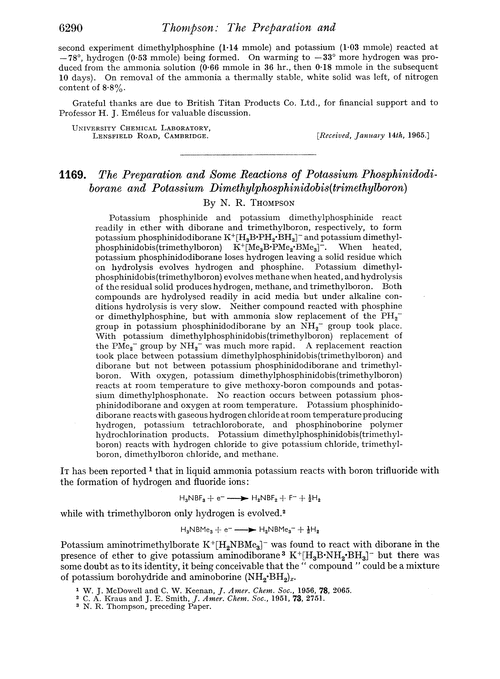 1169. The preparation and some reactions of potassium phosphinidodiborane and potassium dimethylphosphinidobis(trimethylboron)