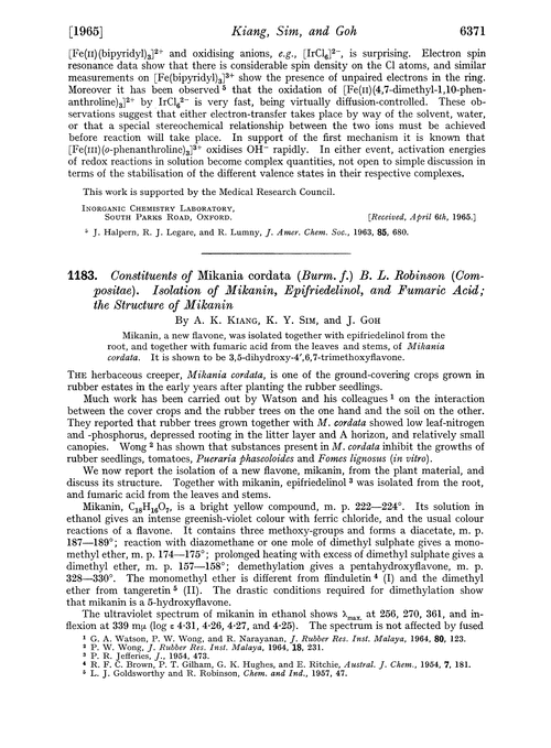 1183. Constituents of Mikania cordata(burm. f.) B. L. Robinson (compositae). Isolation of mikanin, epifriedelinol, and fumaric acid; the structure of mikanin