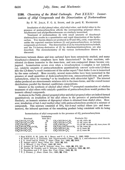 1190. Chemistry of the metal carbonyls. Part XXXII. Isomerisation of allyl compounds and the dimerisation of norbornadiene