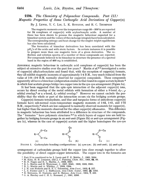 1194. The chemistry of polynuclear compounds. Part III. Magnetic properties of some carboxylic acid derivatives of copper(II)