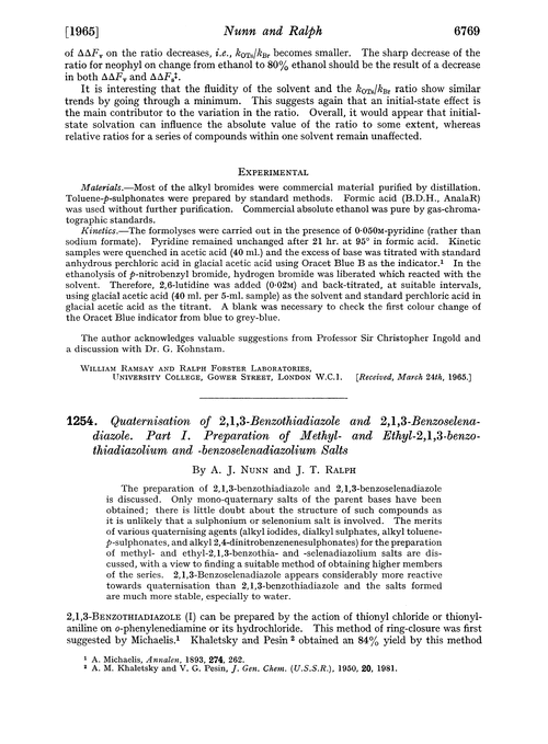 1254. Quaternisation of 2,1,3-benzothiadiazole and 2,1,3-benzoselenadiazole. Part I. Preparation of methyl- and ethyl-2,1,3-benzothiadiazolium and -benzoselenadiazolium salts.