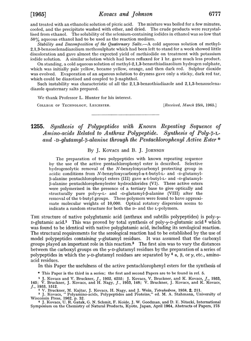 1255. Synthesis of polypeptides with known repeating sequence of amino-acids related to anthrax polypeptide. Synthesis of poly-β-L-and -D-glutamyl-β-alanine through the pentachlorophenyl active ester