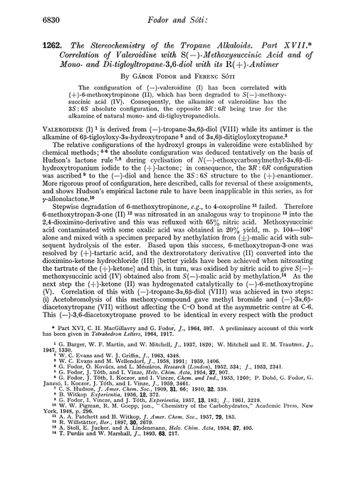 1262. The stereochemistry of the tropane alkaloids. Part XVII. Correlation of valeroidine with S(–)-methoxysuccinic acid and of mono- and di-tigloyltropane-3,6-diol with its R(+)-antimer