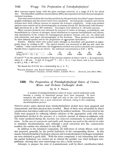 1320. The preparation of tetrahydrofurfuryl esters of certain mono- and di-basic carboxylic acids