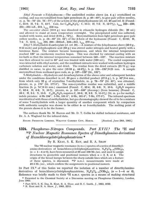 1324. Phosphorus–nitrogen compounds. Part XVII. The 1H and 31P nuclear magnetic resonance spectra of dimethylamino-derivatives of hexachlorocyclotriphosphazatriene