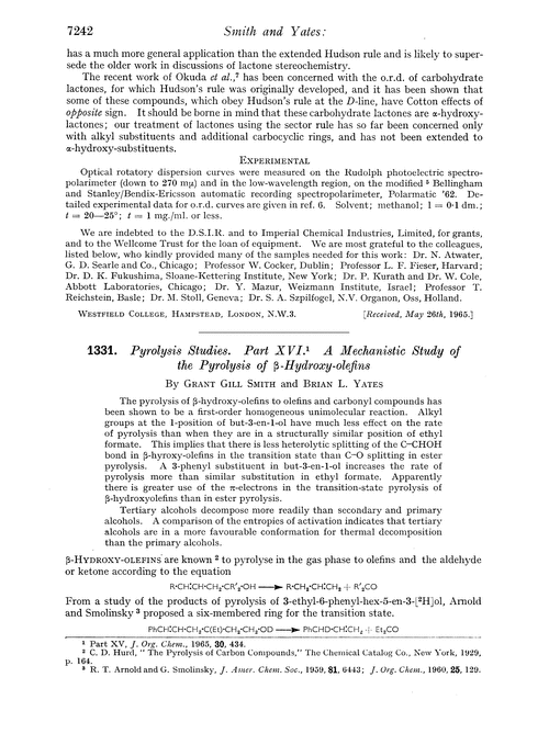 1331. Pyrolysis studies. Part XVI. A mechanistic study of the pyrolysis of β-hydroxy-olefins