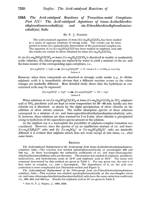 1343. The acid-catalysed reactions of transition-metal complexes. Part III. The acid-catalysed aquations of trans-azidochlorobis-ethylenediaminecobalt(III) and cis-nitrochlorobisethylenediamine-cobalt(III) salts