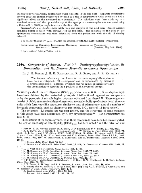 1344. Compounds of silicon. Part V. Octaisopropylsilsesquioxane, its bromination, and 1H nuclear magnetic resonance spectroscopy