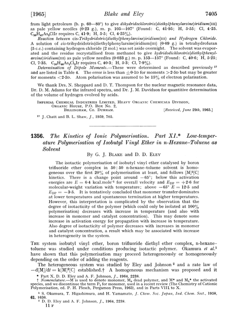 1356. The kinetics of ionic polymerisation. Part XI. Low-temperature polymerisation of isobutyl vinyl ether in n-hexane–toluene as solvent