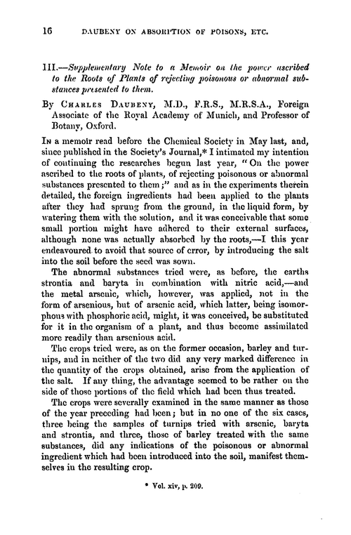 III.—Supplementary note to a memoir on the power ascribed to the roots of plants of rejecting poisonous or abnormal substances presented to them