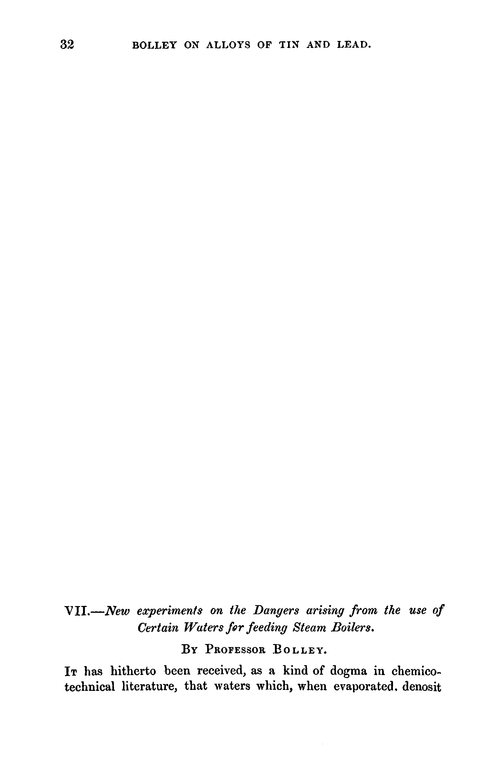 VII.—New experiments on the dangers arising from the use of certain waters for feeding steam boilers