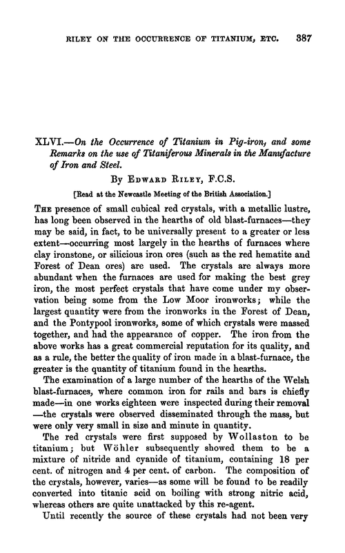 XLVI.—On the occurrence of titanium in pig-iron, and some remarks on the use of titaniferous minerals in the manufacture of iron and steel