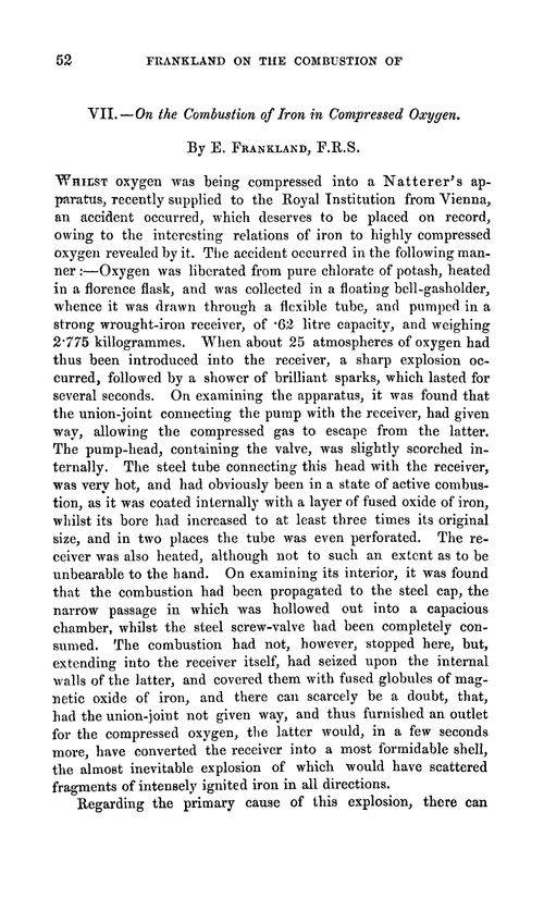 VII.—On the combustion of iron in compressed oxygen