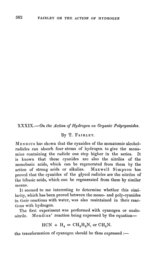 XXXIX.—On the action of hydrogen on organic polycyanides