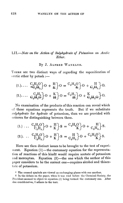 LII.—Note on the action of sulphydrate of potassium on acetic ether