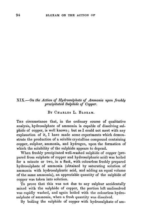 XIX.—On the action of hydrosulphate of ammonia upon freshly precipitated sulphide of copper