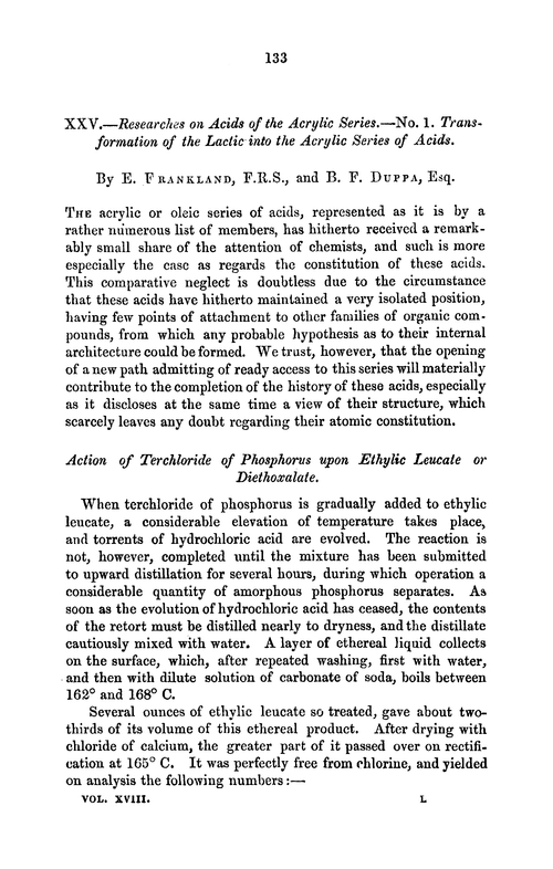 XXV.—Researches on acids of the acrylic series.—No. 1. Transformation of the lactic into the acrylic series of acids