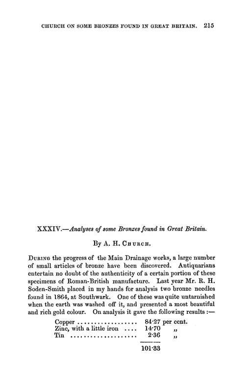 XXXIV.—Analyses of some bronzes found in Great Britain