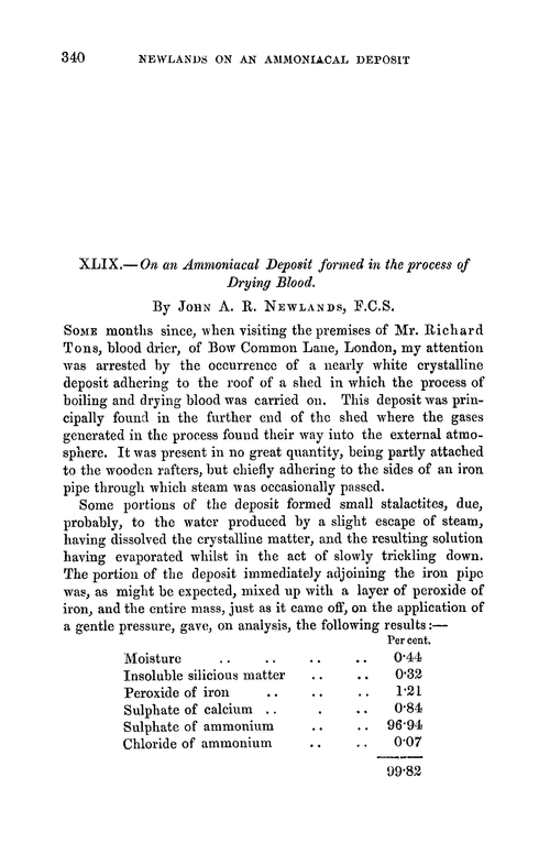 XLIX.—On an ammoniacal deposit formed in the process of drying blood