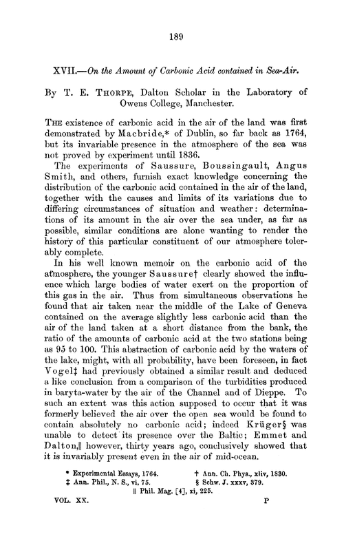 XVII.—On the amount of carbonic acid contained in sea-air