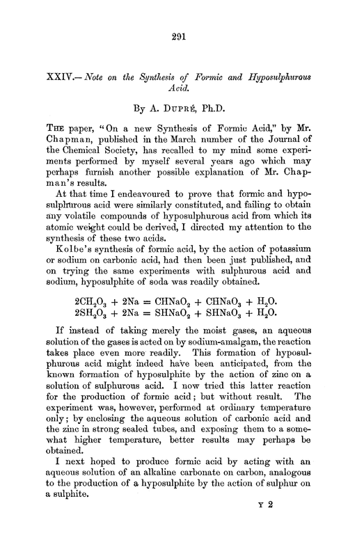 XXIV.—Note on the synthesis of formic and hyposulphurous acid