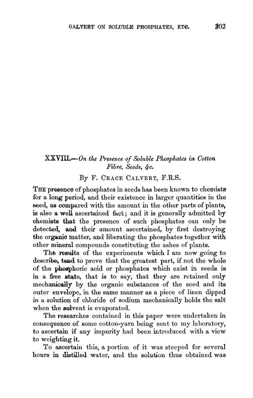 XXVIII.—On the presence of soluble phosphates in cotton fibre, seeds, &c.