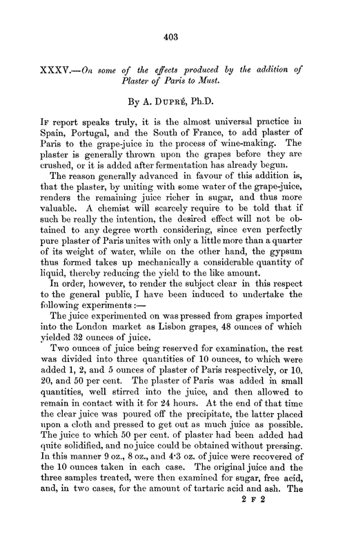 XXXV.—On some of the effects produced by the addition of plaster of Paris to must