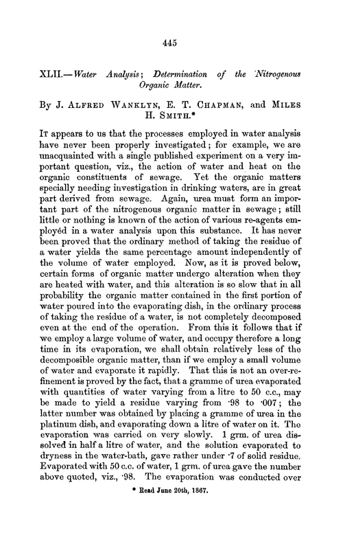 XLII.—Water analysis; determination of the nitrogenous organic matter