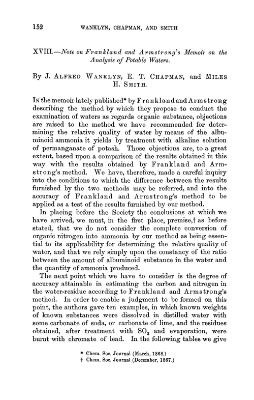 XVIII.—Note on Frankland and Armstrong's memoir on the analysis of potable waters