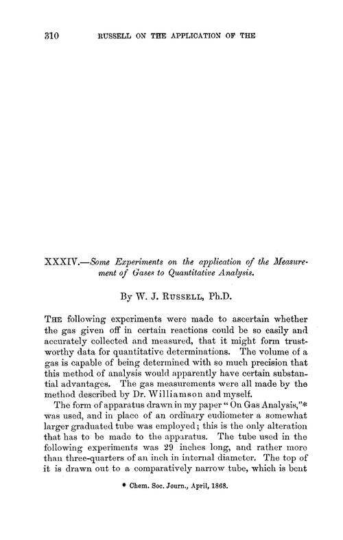 XXXIV.—Some experiments on the application of the measurement of gases to quantitative analysis