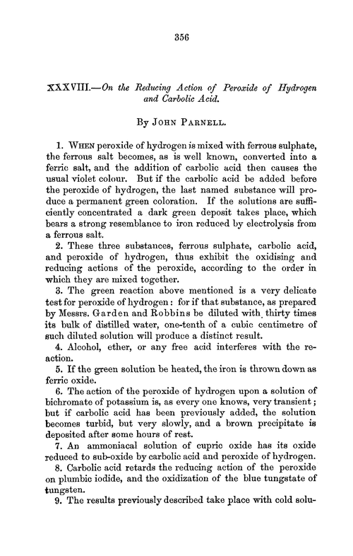 XXXVIII.—On the reducing action of peroxide of hydrogen and carbolic acid