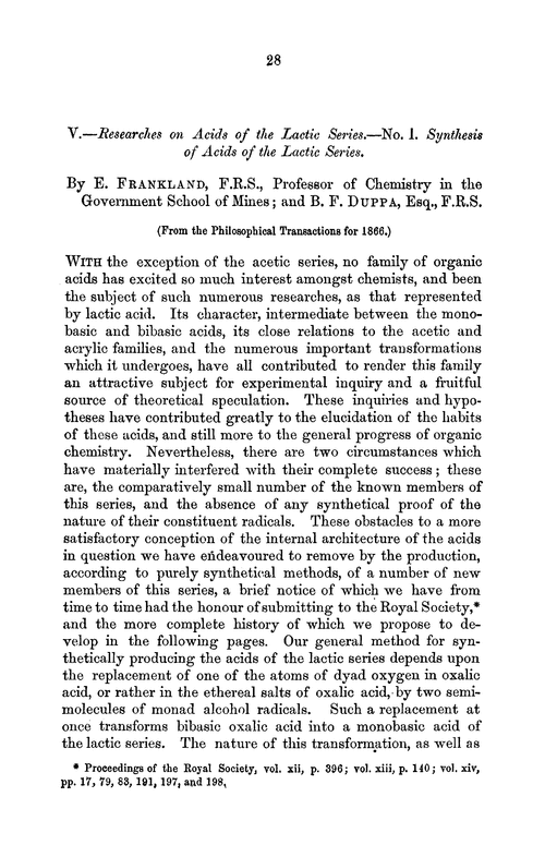 V.—Researches on acids of the lactic series.—no. 1. Synthesis of acids of the lactic series