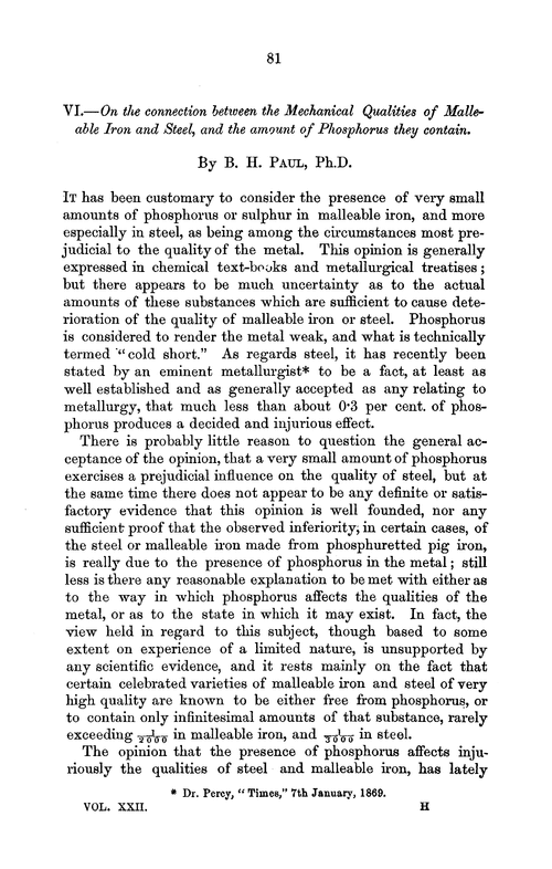 VI.—On the connection between the mechanical qualities of malleable iron and steel, and the amount of phosphorus they contain
